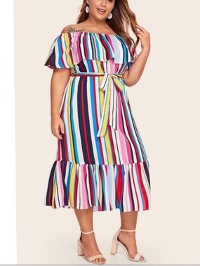 NEW• 2 LEFT❗️TCB CELIA OFF SHOULDER STRIPED MIDI DRESS•2X-3X